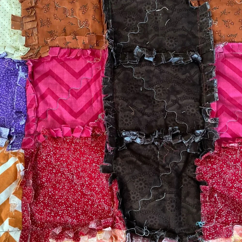 Handmade Patchwork Rag Quilt Multicolor Cross Design Shaggy Cotton Blanket 51x60
